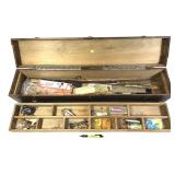 Large Early wooden tackle case with contents,