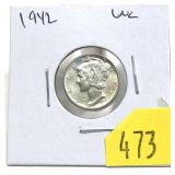 1942 Mercury dime, Unc.