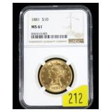 1881 $10 Gold Liberty Eagle NGC slab certified