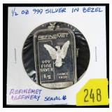 .999 silver bar, 1/2 oz. in silver bezel-