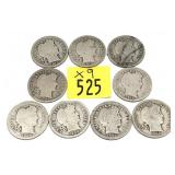 x9 -Barber dimes, mixed dates -x9 dimes - Sold