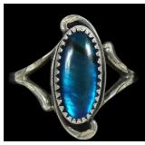 Sterling silver dentil set blue paua ring in split