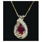 14K Yellow gold pear cut ruby pendant with round