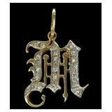 14K Yellow gold diamond initial "M" pendant,