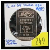 .999 silver bar, 1/2 oz., Johnson Matthey