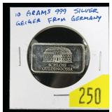 .999 silver bar, 10 grams, Geiger, Germany