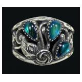 Sterling silver three-stone blue paua ring, size 9