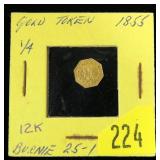 1855 1/4 Gold token, 12 K gold