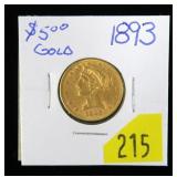 1893 $5 Gold Liberty Half Eagle