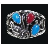 Sterling silver dentil set three-stone turquoise