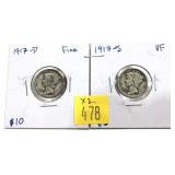 x2- Mercury dimes: 1917-D, 1917-S  - x2 dimes -