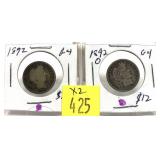 x2- Barber dimes: 1892, 1892-O -x2 dimes -Sold by