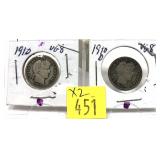 x2- Barber dimes: 1910, 1910-O -x2 dimes -Sold by