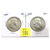 x2- 1949 Franklin half dollars -x2 half dollars -