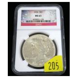 1924 Peace dollar NGC slab certified MS-63