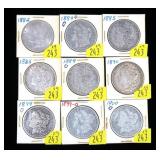 x9- Morgan silver dollars: 1882, 84, 2-85, 89-O,