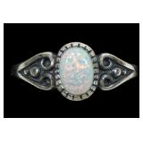 Sterling silver dentil set lab fire opal ring,