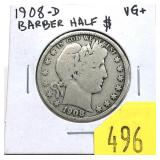1908-S Barber half dollar