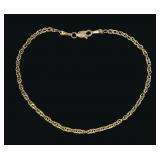 14K Yellow gold 7.5" rope chain bracelet, 1.0 dwt