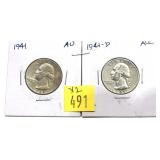 x2- Washington quarters: 1941, 1941-D -x2 quarters