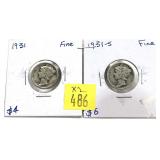 x2- Mercury dimes: 1931, 1931-S  - x2 dimes -