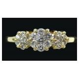 14K Yellow gold triple cluster diamond ring,