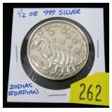 1/2 oz. .999 Fine silver Zodiac scorpion round