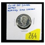 1/10 oz. .999 silver Apmex Mercury dime round