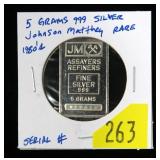 5 grams .999 silver Johnson Matthey bar, rare