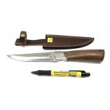 Stainless hunting knife with leather sheath,
