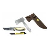 Case knife/hatchet combo set in leather sheath