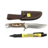Stainless knife with leather sheath, 7 1/2"