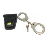 Pair of hand cuffs with key and leather holster