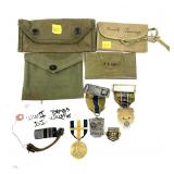 Lot: Assorted Medals, Whistle, and Pouches