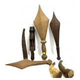 Lot: Powder horns, and Carved Wooden Spears/