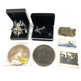Lot: Photographs, Reproduction medal, Belt