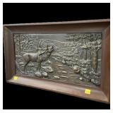 Framed bronze plaque, moose scene, frame size:
