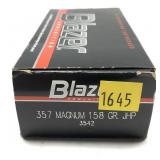 Box of .357 Mag. 158-grain JHP Blazer cartridges,