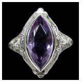 14K White gold vintage filigree marquise cut