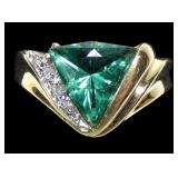 14K Yellow gold triangular cut green stone ring