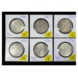 x6- Morgan silver dollars: 1886,1887,1890,1890,