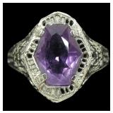 14K Antique white gold hexagonal cut amethyst ring