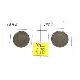 x2- Liberty nickels: 1878, 1909 -x2 nickels -