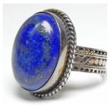 Sterling silver bezel set lapis ring with ornate
