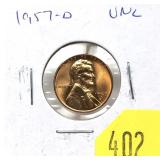 1957-D Lincoln cent, Unc.