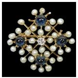 14K Yellow gold pearl, diamond and blue topaz pin,