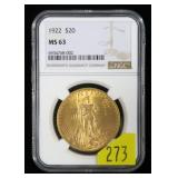 1922 $20 Gold St. Gaudens Double Eagle, NGC