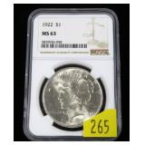 1922 Peace dollar, NGC slab certified MS-63