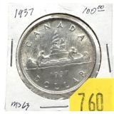 1937 Canadian silver dollar