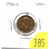 1942-S Lincoln cent, Unc.